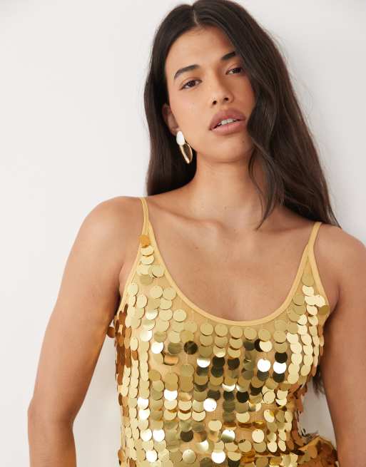 ASOS DESIGN disc scatter sequin scoop neck sleeveless top in gold, 3 of 4