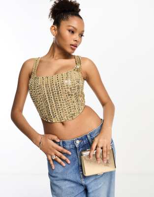 Asos Design Disc Sequin Corset In Gold