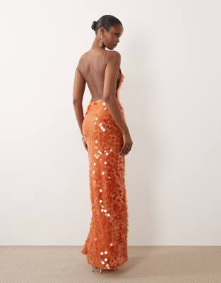 Asos Design Disc Sequin Strappy Maxi Dress With Open Back Detail In Orange