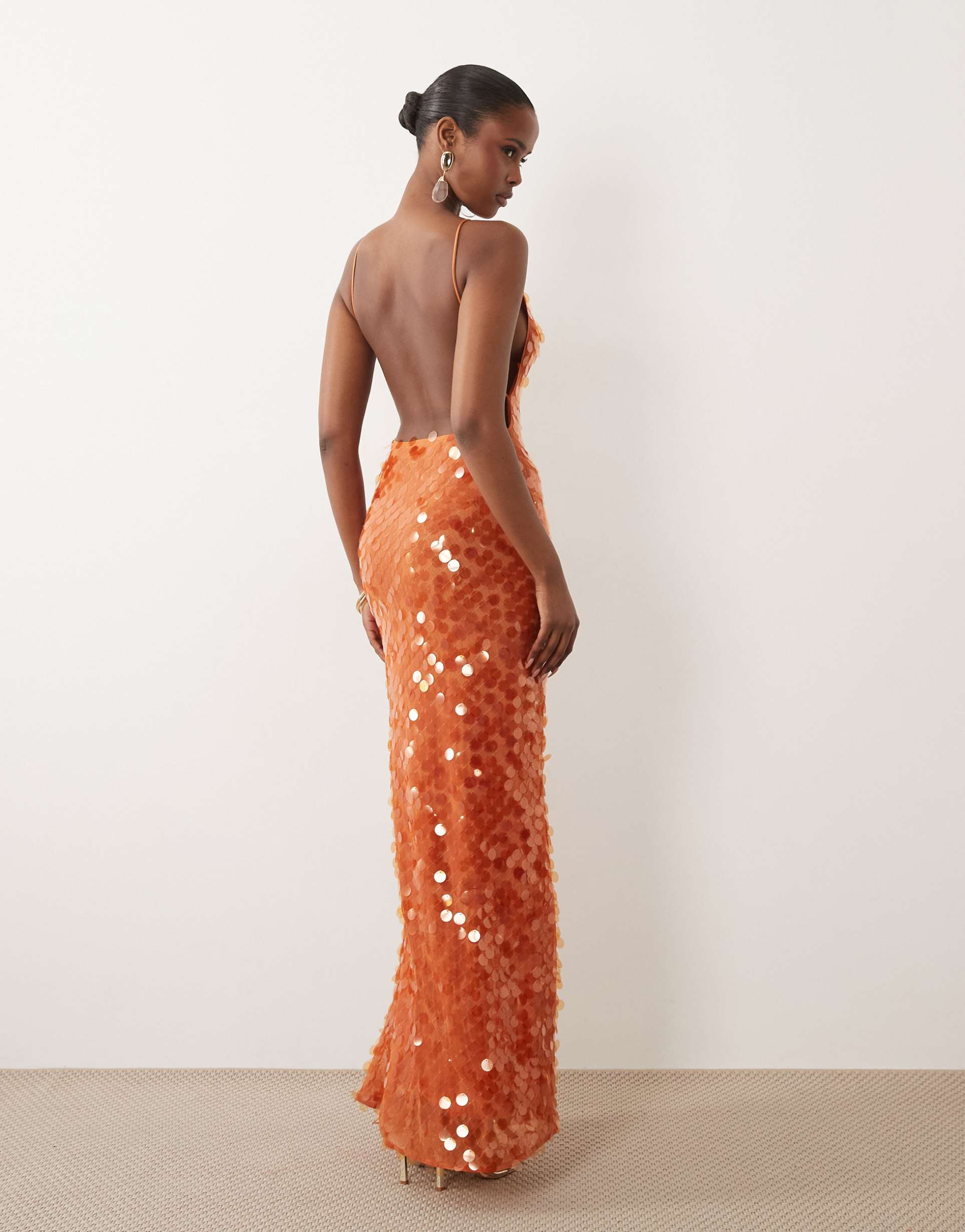 asos design disc sequin strappy maxi dress with open back detail in orange