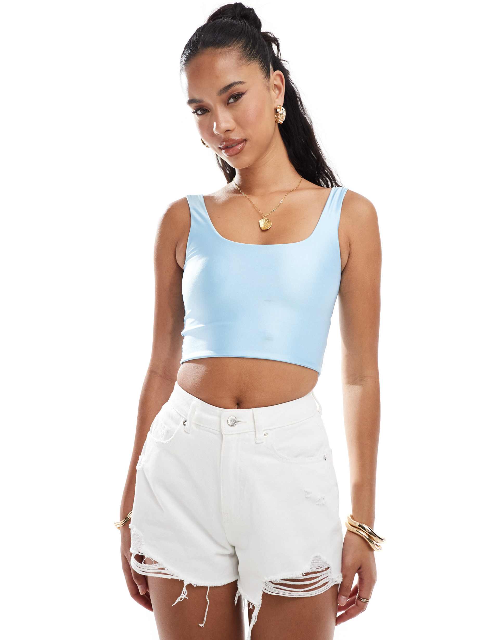 asos design disco cropped tank top in light blue