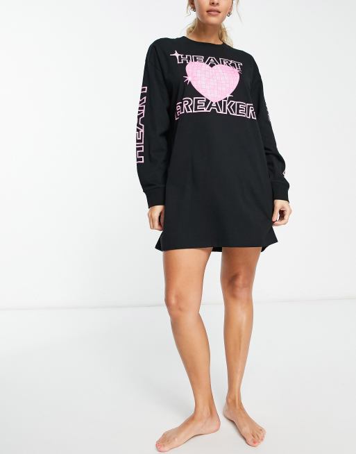 ASOS DESIGN disco heartbreaker long sleeve sleep tee in black ASOS