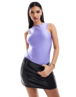 Asos Design Disco Racer Neck Bodysuit In Lilac-purple