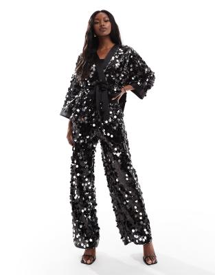 disco sequin relaxed tailored pants in black