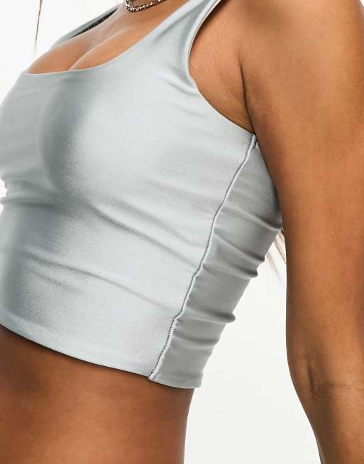 ASOS DESIGN disco slinky cropped tank top in silver, 2 of 4