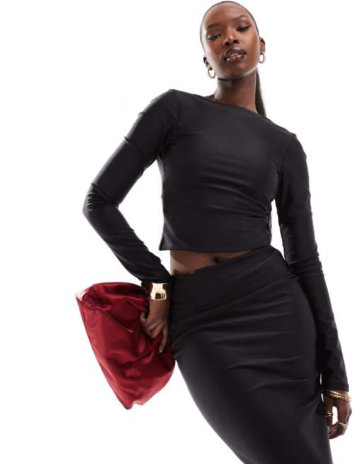 ASOS DESIGN - Disco top met open rug en lange mouwen in zwart, deel van co-ord set