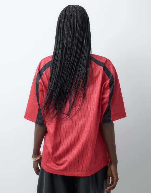 ASOS DESIGN Disney airtex mesh oversized t-shirt with Mickey Mouse varsity print in red, 4 of 5