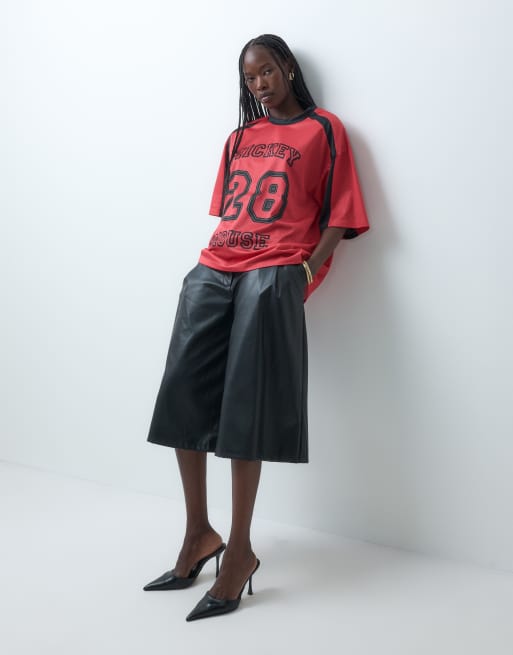 ASOS DESIGN Disney airtex mesh oversized t-shirt with Mickey Mouse varsity print in red, 5 of 5