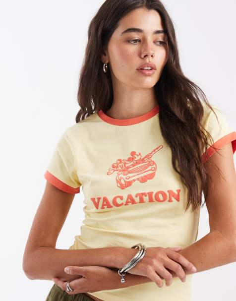 ASOS DESIGN Disney baby tee con bordi a contrasto e stampa puff di Mickey Mouse in giallo buttermilk - view 1