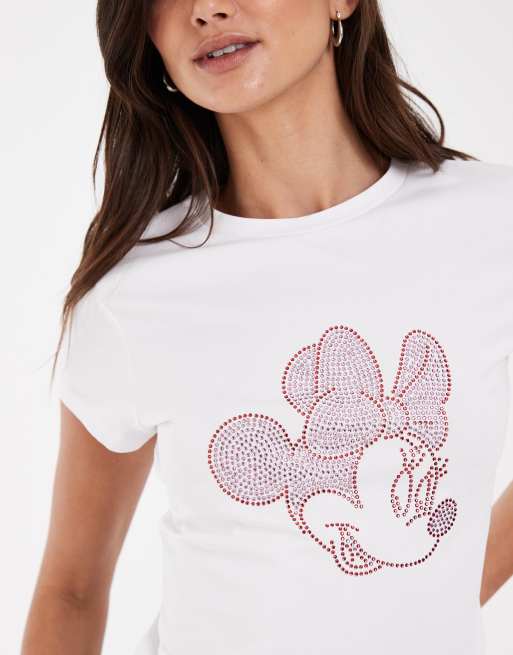 ASOS DESIGN Disney baby tee med Minnie Mouse-rhinsten i hvid, 3 af 4