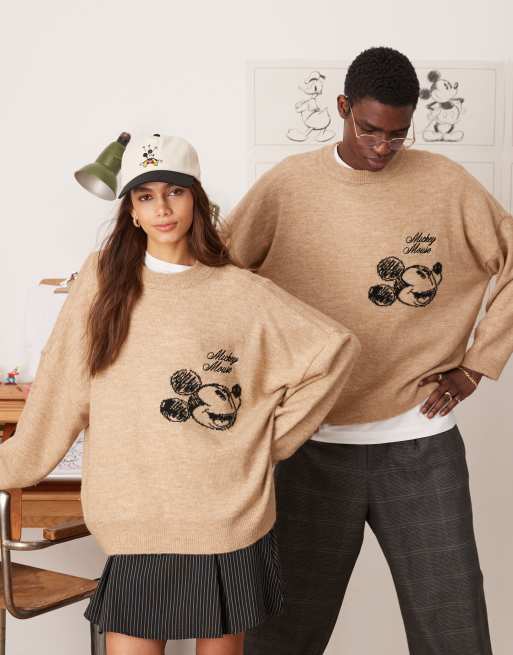 ASOS DESIGN – Disney – Beżowy dzianinowy T-shirt o pudełkowym kroju super oversize z haftowanym motywem Myszki Miki