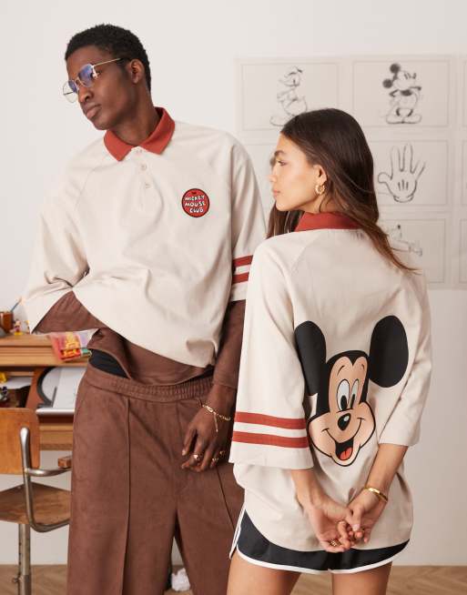 ASOS DESIGN Disney – Beżowy raglanowy T-shirt oversize unisex z kołnierzykiem polo i nadrukami z Myszką Miki