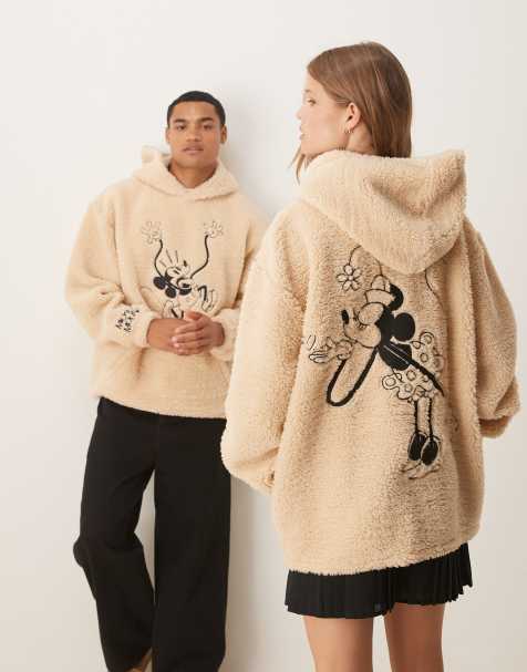 ASOS DESIGN – Disney – Biała bluza o luźnym kroju ze sztucznego kożuszka z kapturem i nadrukiem z Myszką Mickey - view 1