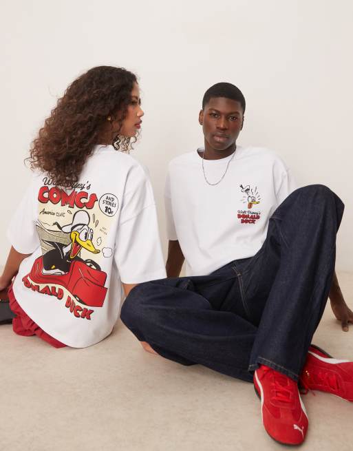 ASOS DESIGN – Disney – Biały, gruby T-shirt o pudełkowym kroju oversize unisex z nadrukiem i haftem z motywem Kaczora Donalda