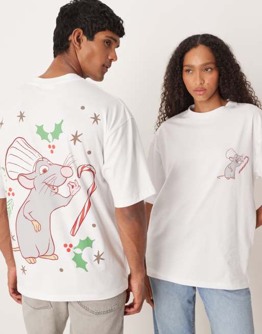 ASOS DESIGN – Disney – Biały T-shirt oversize ze świątecznym nadrukiem z motywem filmu „Ratatouille”