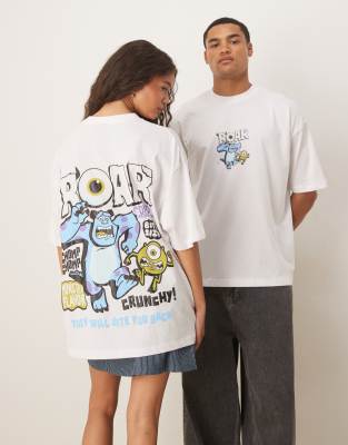 ASOS DESIGN – Disney – Biały T-shirt unisex o fasonie oversize z nadrukiem Monsters Inc