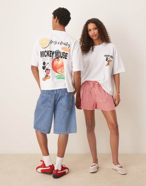 ASOS DESIGN – Disney – Biały T-shirt unisex o pudełkowym fasonie oversize z nadrukiem z Myszką Miki i owocami - view 1