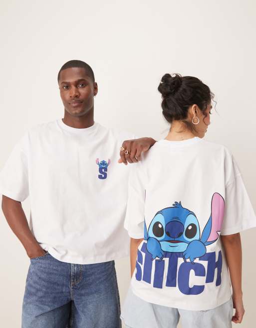 ASOS DESIGN Disney – Biały T-shirt unisex o pudełkowym kroju oversize z nadrukiem Stitcha