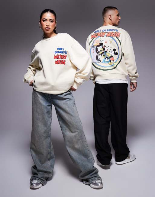ASOS DESIGN – Disney – Bluza unisex o fasonie oversize i pudełkowym kroju w białym melanżowym kolorze z nadrukiem z Myszką Miki i Myszką Minnie