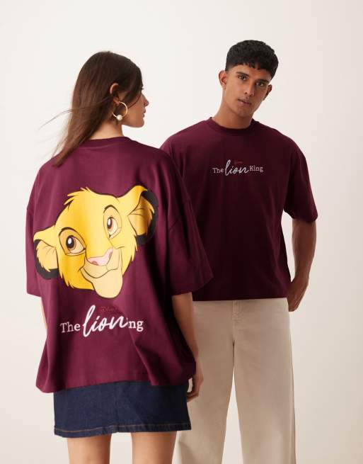 ASOS DESIGN Disney – Bordowy pudełkowy T-shirt oversize unisex z napisem „The Lion King” i motywem Simby