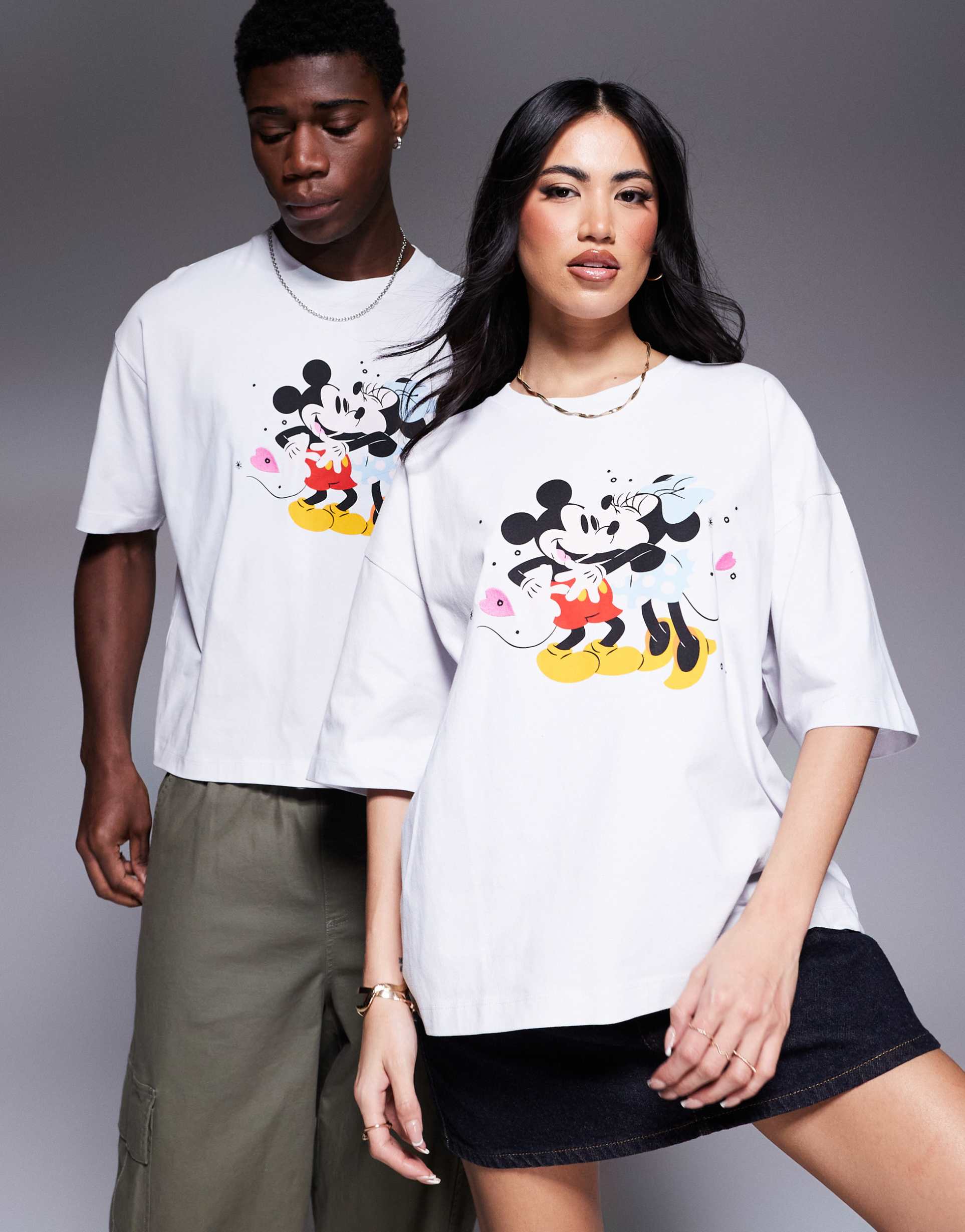 asos design disney boxy oversized t-shirt with mickey & minnie mouse heart prints in white
