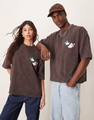 Asos Design Disney Boxy Oversized T-shirt With Mickey Mouse & Minnie Mouse Prints In Brown