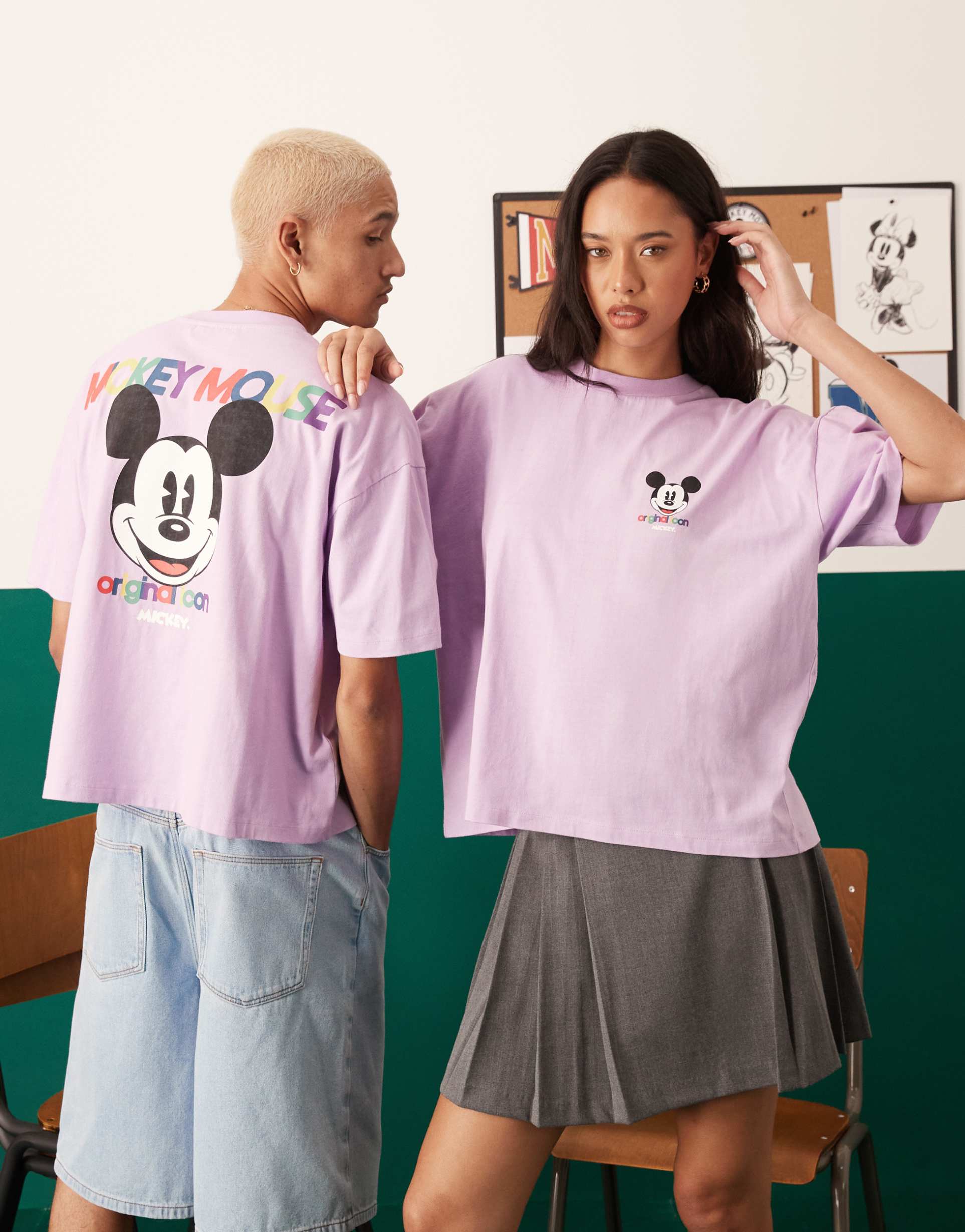 asos design disney boxy oversized t-shirt with mickey mouse puff prints in lilac