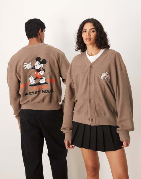ASOS DESIGN Disney unisex oversized cardigan with Mickey Mouse print in brown