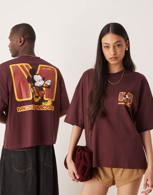 ASOS DESIGN Disney – Brązowy T-shirt unisex o pudełkowym fasonie oversize z nadrukiem z Myszką Miki