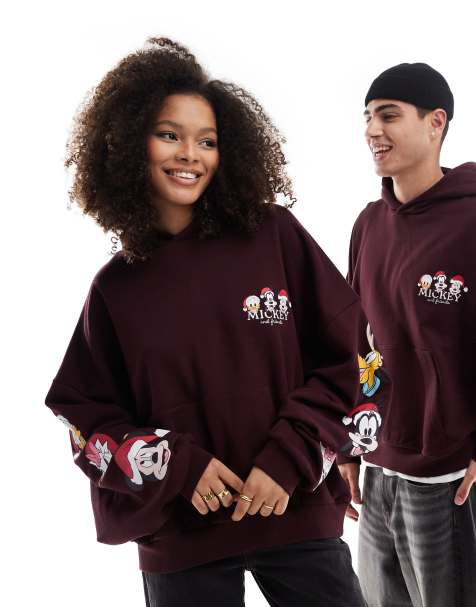 ASOS DESIGN - Disney - Brun unisex-hættetrøje med oversized og firkantet pasform med "Mickey Mouse and Friends"-nissehueprint - view 1