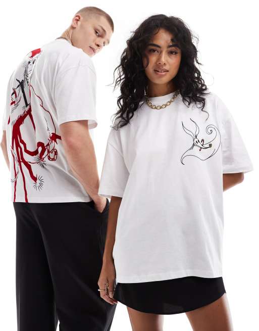 ASOS DESIGN Disney – Christmas – Biały luźny T-shirt ze świątecznym nadrukiem z motywem filmu „Miasteczko Halloween”