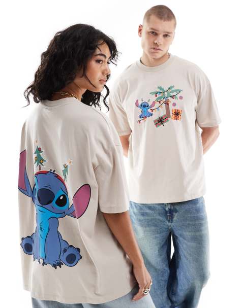 ASOS DESIGN Disney – Christmas – Biały T-shirt oversize ze świątecznym nadrukiem Stitcha - view 1