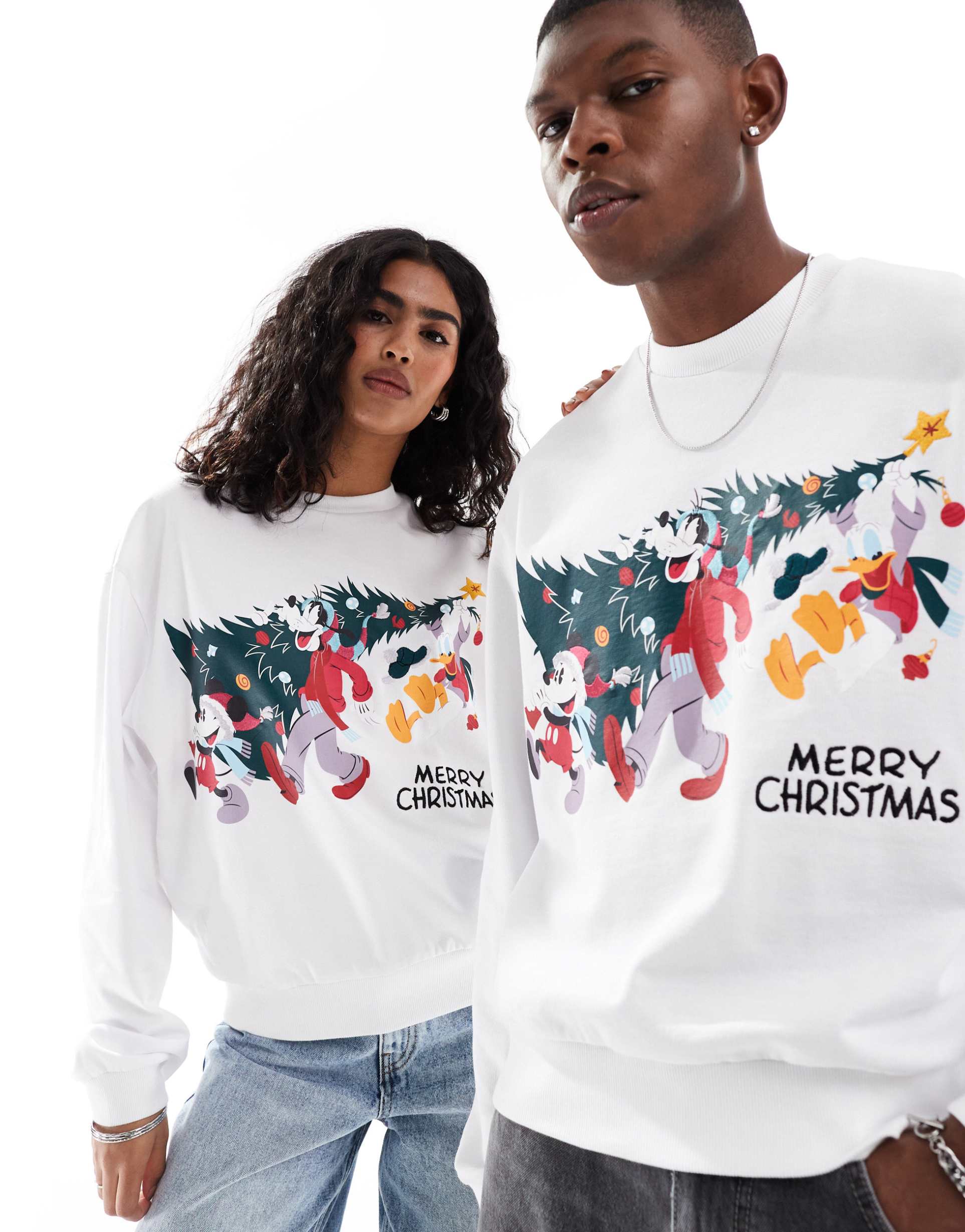 asos design disney christmas boxy oversized sweatshirt with mickey mouse & friends front print in white