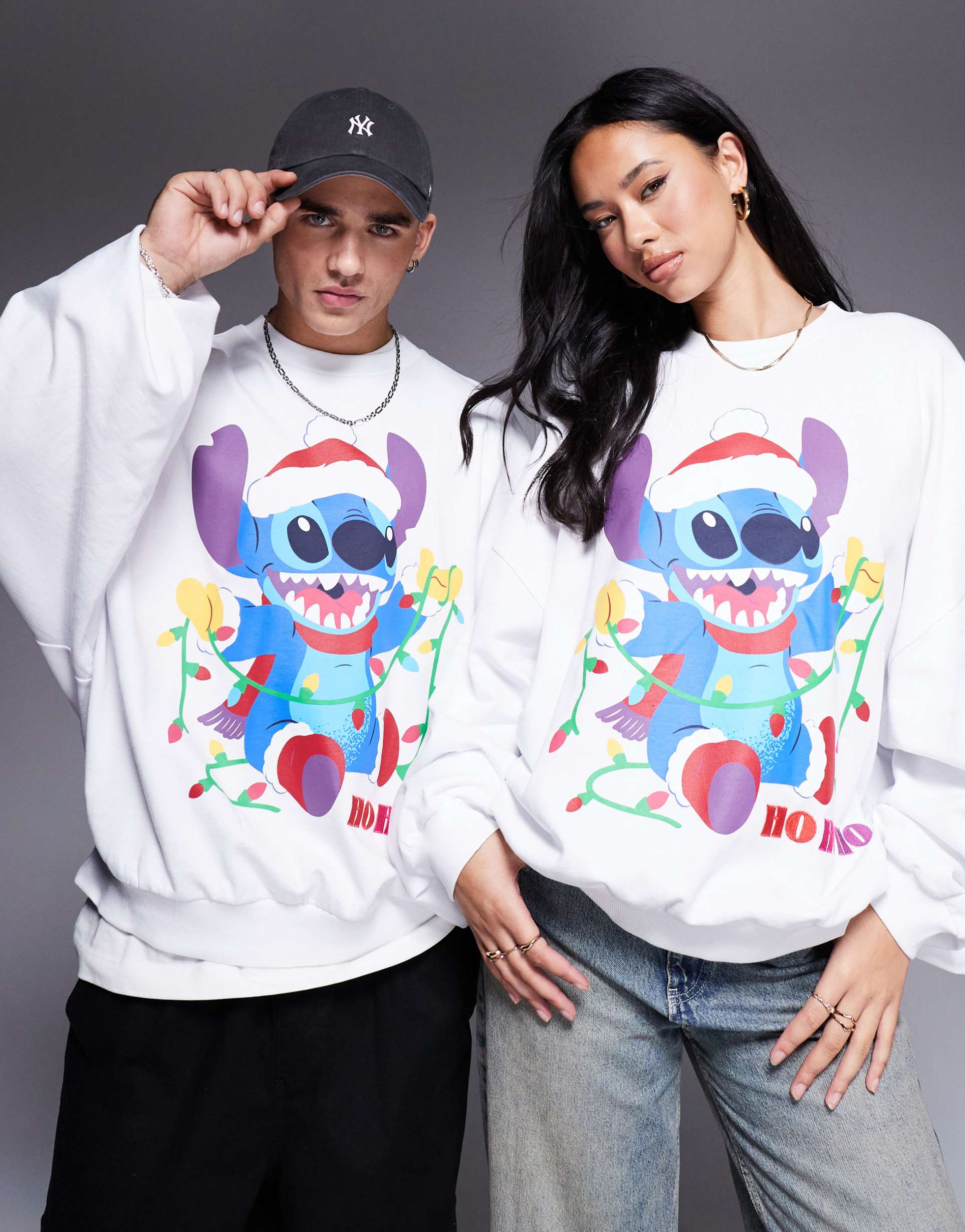 asos design disney christmas extreme oversized sweatshirt with stitch front print in white