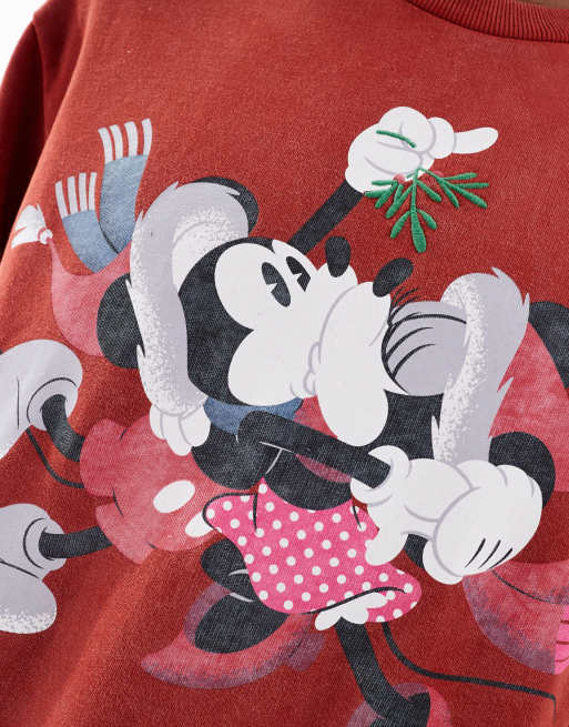 ASOS DESIGN - Disney Christmas - Felpa oversize squadrata bordeaux con stampe "Mickey Mouse & Minnie Mouse", 3 di 4