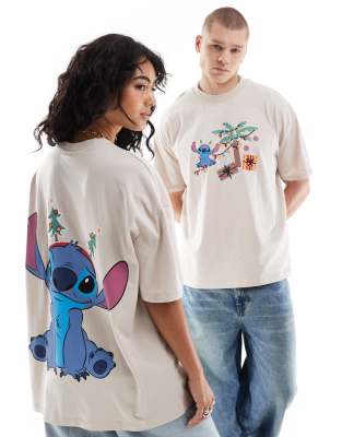 ASOS DESIGN - Disney Christmas - Oversize-T-Shirt in neutralem Farbton mit „Stitch"-Prints