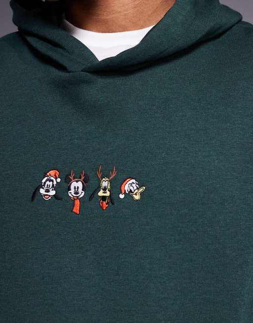 ASOS DESIGN Disney Christmas Relaxed hoodie with Mickey & friends prints in dark green