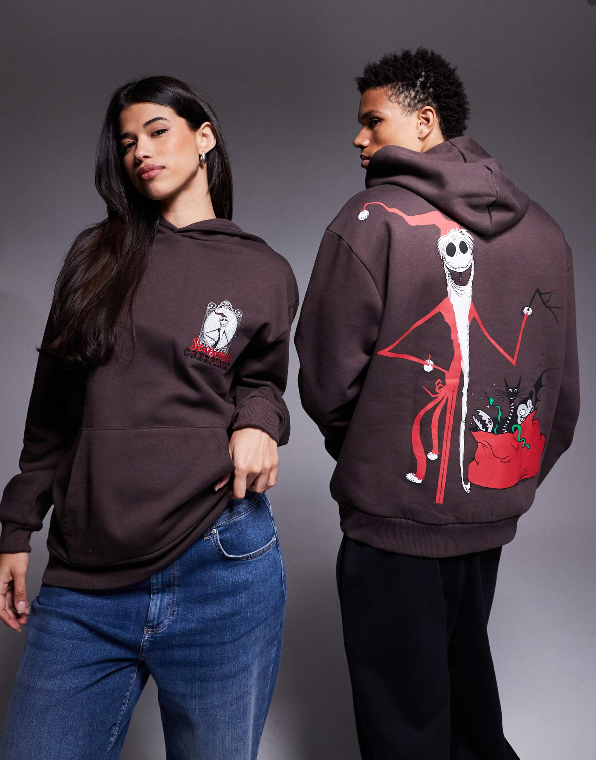 asos design disney christmas relaxed hoodie with tim burton jack print in brown