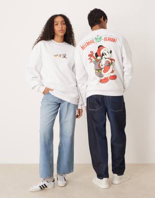 Asos Design Disney Christmas Relaxed Sweatshirt With Mickey & Friends Prints In White