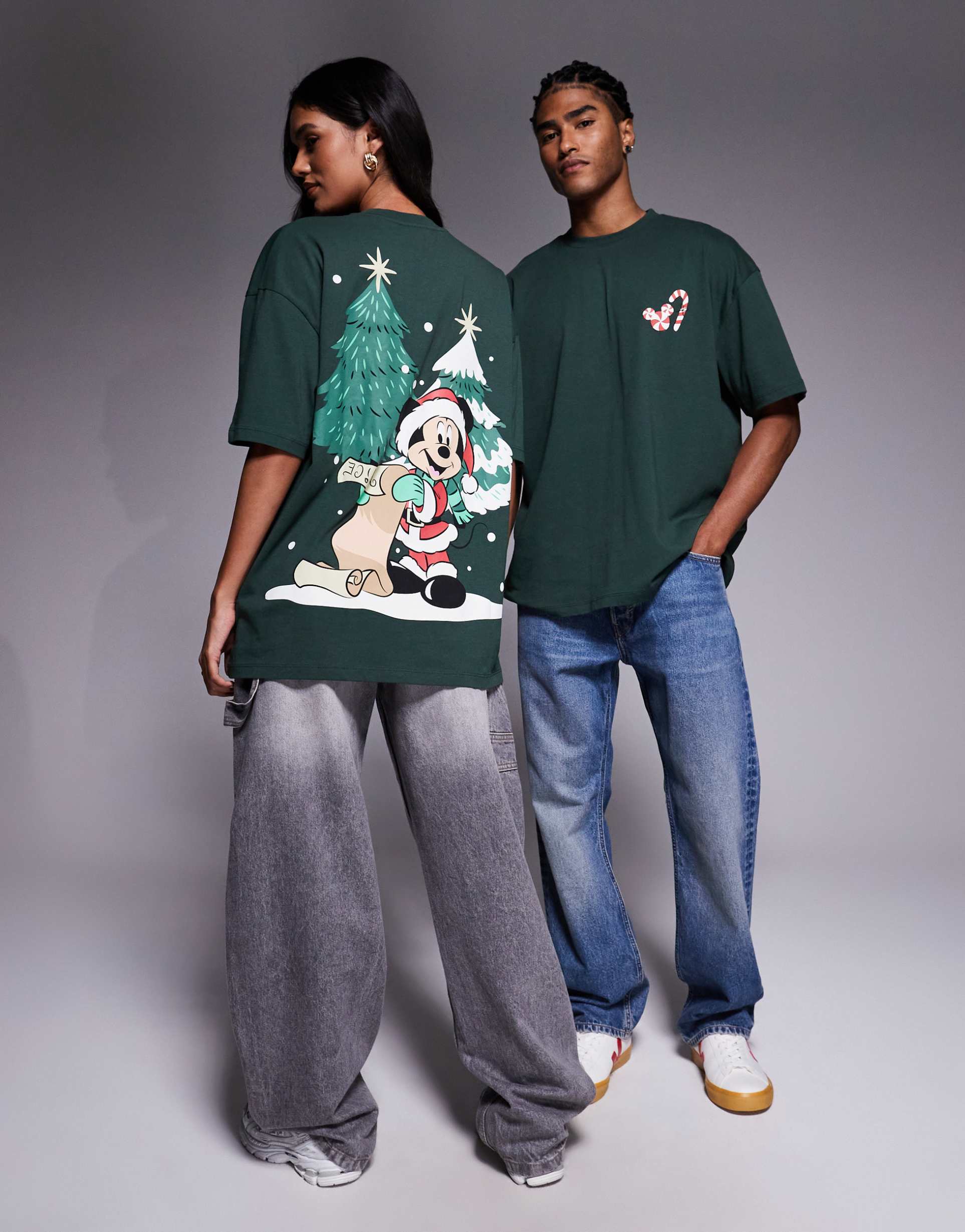 asos design disney christmas unisex oversized t-shirt with mickey prints in dark green