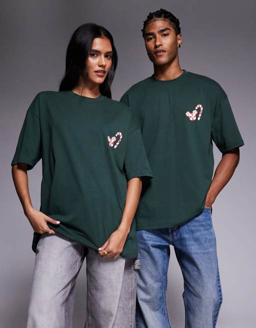 ASOS DESIGN Disney Christmas Unisex oversized t-shirt with Mickey prints in dark green