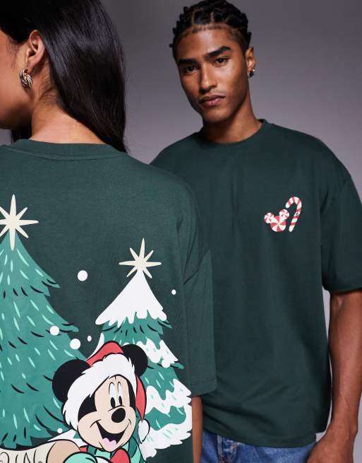 ASOS DESIGN Disney Christmas unisex oversized t-shirt with Mickey prints in dark green, 3 of 4