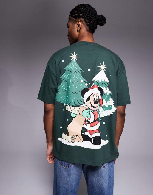 ASOS DESIGN Disney Christmas Unisex oversized t-shirt with Mickey prints in dark green