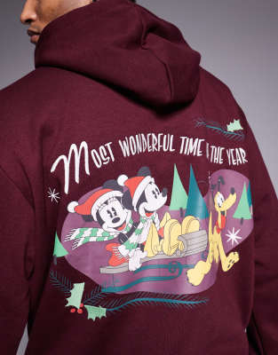 Asos Design Disney Christmas Unisex Relaxed Hoodie With Mickey & Friends Prints In Burgundy