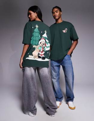 ASOS DESIGN - Disney Christmas - Unisex-T-Shirt in Dunkelgrün mit Micky-Maus-Prints und Oversize-Schnitt