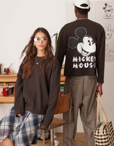 ASOS DESIGN Disney – Ciemnobrązowy gruby T-shirt unisex o pudełkowym kroju oversize z długimi rękawami i nadrukiem Myszki Miki - view 1