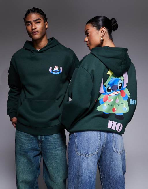 ASOS DESIGN – Disney – Ciemnozielona luźna bluza z kapturem ze świątecznymi nadrukami ze Stitchem