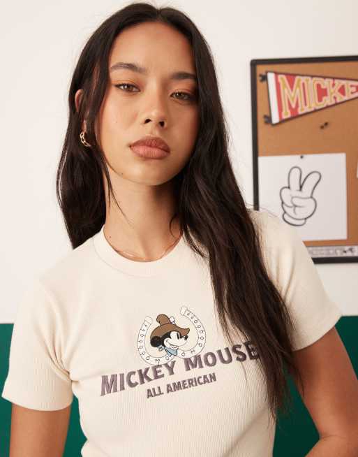 ASOS DESIGN Disney cropped ribbed t-shirt with Mickey Mouse embroidered print in gray