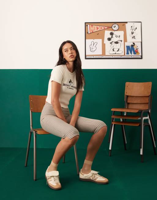 ASOS DESIGN Disney cropped ribbed t-shirt with Mickey Mouse embroidered print in gray