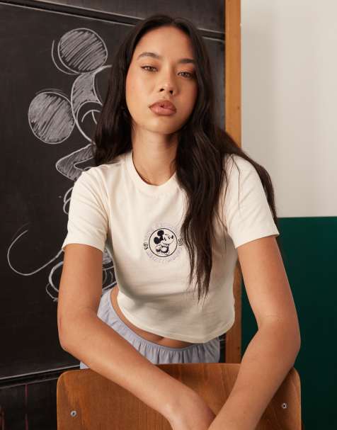 ASOS DESIGN Disney cropped t-shirt with Mickey Mouse prints in beige - view 1